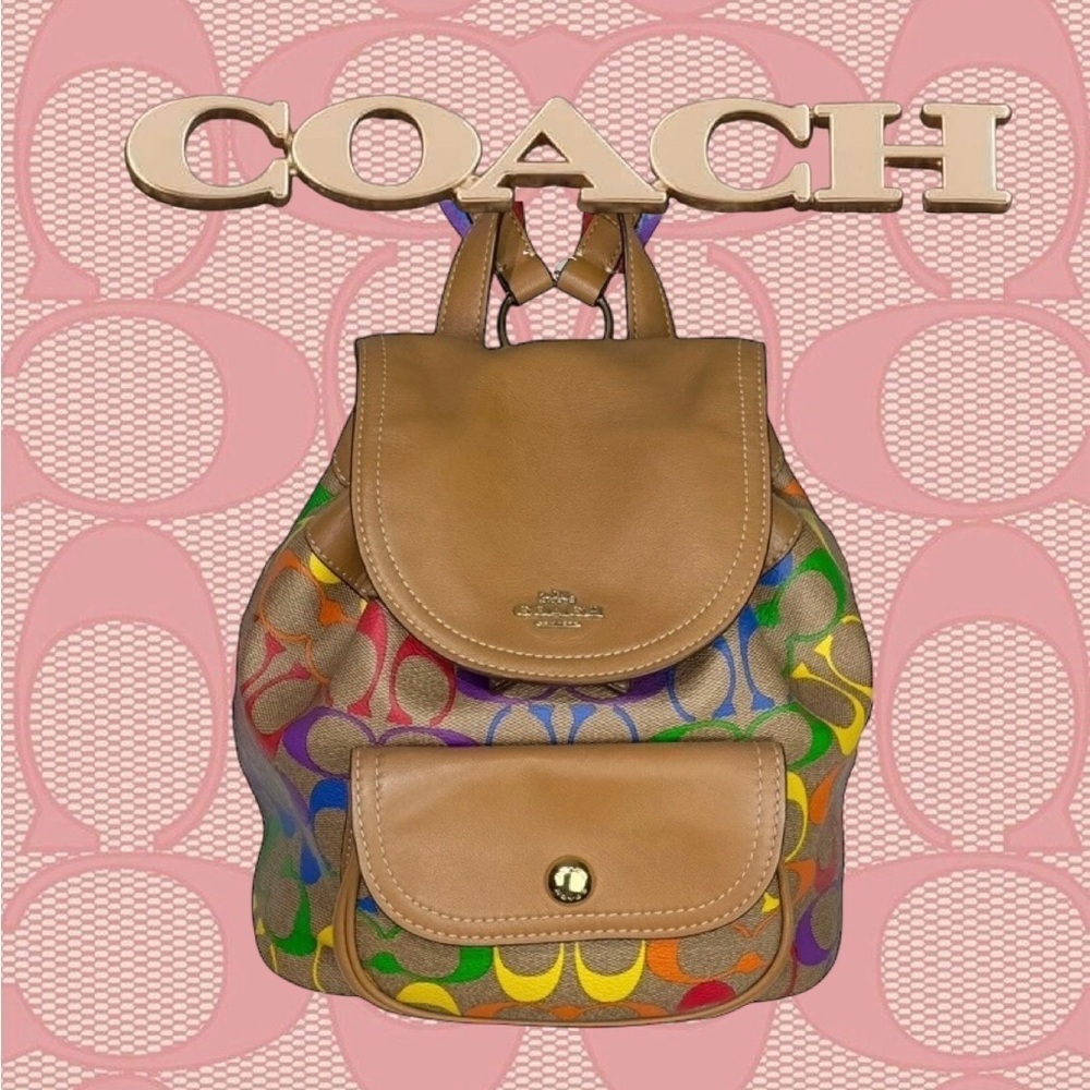 Coach Light Saddle Rainbow Signature Canvas Pennie Backpack 22 Inch - Picture 1 of 15